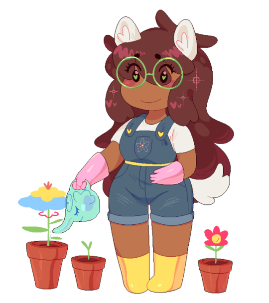 A  gif of Jade Harley with warm brown skin in overalls, watering her plants.