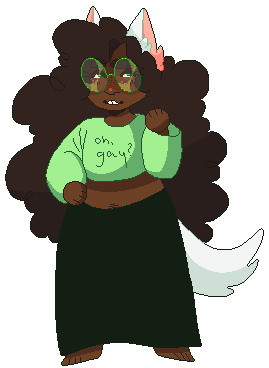 A pixel art image of Jade Harley with brown skin in a crop top that says 'oh, gay?' on it. 