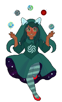 A gif of Jade Harley with warm brown skinn in her godtier outfit with the planets from her session floating around her.
