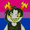 A drawing of an oliveblood troll with a long ponytail with a background of the bisexual flag.