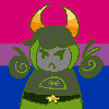 A drawing of an oliveblood troll with two low hair buns a background of the bisexual flag.