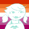 A drawing of a human girl with short low pigtails with a background of the orange and pink lesbian flag.